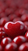 Red heart with water droplets on blurred romantic background for Valentine's Day love celebration and wedding anniversary greeting cards.