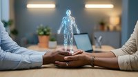 Diverse business professionals with hands joined over glowing digital human hologram on desk, representing teamwork, innovation, and technology collaboration in modern workplace environment.