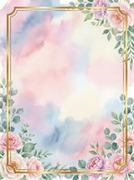 Watercolor floral frame with soft pink roses, peonies, and eucalyptus leaves on pastel background. Gold border isolated on white, ready for invitations, greeting cards, and design projects.