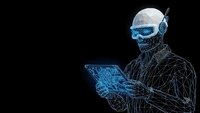 Futuristic wireframe hacker in mask using tablet with glowing blue digital interface on black background for cybersecurity and technology concepts.