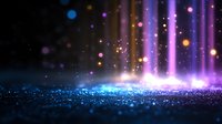 Magical glowing particles and light beams rising from sparkling surface with blue and purple colors against dark background create mystical atmosphere.