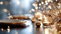 Elegant table setting with glowing candles and golden decorations against blurred bokeh lights creating magical holiday atmosphere for festive dining experience.