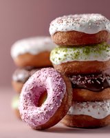 Stack of colorful glazed donuts with sprinkles featuring pink, white, green and chocolate toppings on pink background, close-up macro food photography.