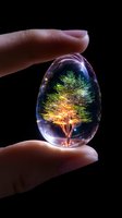 Glowing tree of life encased in crystal egg held between fingers against dark background, magical nature artwork showing ethereal light and rainbow reflections.
