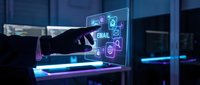 Digital hand interacting with holographic email and communication icons floating from laptop screen in modern office environment for technology and business concepts.