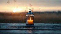 Glowing candle lantern on wooden surface at sunset, warm orange light illuminating metal frame against blurred nature background creates cozy atmosphere.