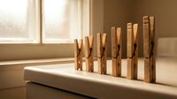 Wooden clothespins standing in a row on a white surface in warm sunlight near a window, evoking simplicity and home laundry concepts.