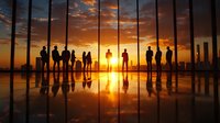 Silhouettes of diverse people standing against dramatic orange sunset sky with reflective floor, creating mirror effect. Group watches sun through modern pillars.