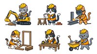 Cartoon animal construction workers wearing hard hats performing various building tasks including excavation, carpentry, and material handling. Isolated clipart set ready for design projects.