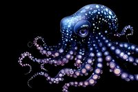 Luminescent octopus with glowing spots and tentacles in purple and blue hues against dark background, magical sea creature artwork for fantasy designs.