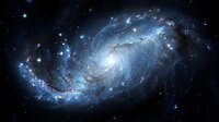 Spiral galaxy with glowing blue and white stars, cosmic dust, and bright core against dark space background for astronomy and science education.
