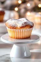 Fresh baked muffin dusted with powdered sugar on white ceramic cake stand against soft bokeh lights, marble surface creates elegant dessert presentation.