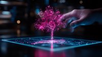 Glowing pink holographic tree emerging from digital surface with hand gesture interaction in dark environment with blue technology grid pattern and bokeh effects.