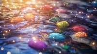 Colorful pebbles underwater with sunlight creating magical reflections and bokeh effects on rippling water surface.