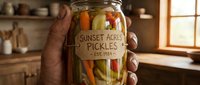 Hand holding a glass jar of homemade pickled vegetables in a rustic kitchen, warm natural light highlighting colorful carrots and cucumbers inside.
