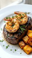 Surf and turf surf and turf dish featuring seared shrimp atop grilled steak with roasted potatoes and fresh herbs, perfect for fine dining restaurant menus and food photography.