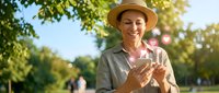 Smiling senior Caucasian woman in straw hat using smartphone outdoors in sunny park setting for digital communication and technology lifestyle.