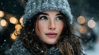 Young Caucasian woman in gray knit hat and scarf looking up thoughtfully during snowfall with bokeh lights in background, creating winter atmosphere.