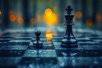 Chess pieces on wet board with bokeh lights in background, dramatic dark blue atmosphere with orange highlights creates moody strategic scene. King faces pawn in tense standoff.