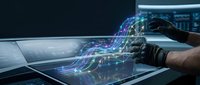 Digital transformation concept with businessman hand touching tablet screen displaying colorful data streams and analytics in modern office environment.