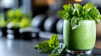 Fresh green smoothie with spinach leaves garnish in glass on dark background, healthy detox drink for wellness and weight loss program.