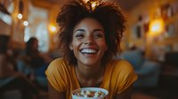 Young African American woman with natural curly hair laughing while holding coffee with whipped cream in cozy cafe. Warm evening lighting creates intimate atmosphere.