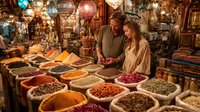Couple exploring colorful spice market with vibrant displays of herbs, dried fruits, and seasonings in traditional bazaar setting.