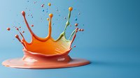 Colorful orange liquid crown splash with droplets against blue background, frozen in time capturing dynamic fluid motion.