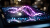 Glowing DNA helix structure with purple and blue light effects floating above digital device screen, sparkling particles and bokeh background create futuristic atmosphere.