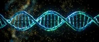 Glowing DNA double helix structure with luminous blue strands against starry cosmic background for genetics research and biotechnology applications.