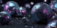 Shiny disco balls with purple and blue reflections on dark background, creating festive nightclub atmosphere for party design projects.