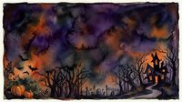 Spooky Halloween landscape with haunted house, bare trees, pumpkins and bats against dramatic purple orange sky. Atmospheric autumn scene for seasonal designs.