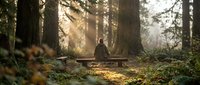 Person sitting alone on wooden bench in misty forest with golden sunlight streaming through tall trees creating peaceful meditation moment.