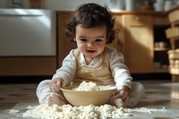 Playful toddler in white clothes sitting on kitchen floor playing with flour, making mess while baking and cooking, authentic lifestyle moment captured in warm light.