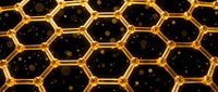 Glowing golden honeycomb pattern with hexagonal cells on dark background, suitable for technology, science, and abstract design projects.