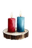 Red and blue burning candles on wooden slice against white background. Decorative holiday illustration for cards, invitations and seasonal designs.