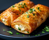 Golden flaky phyllo rolls filled with creamy cheese and herbs, garnished with fresh parsley on dark plate. Close up view of homemade savory pastries.
