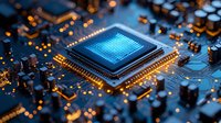 Glowing blue microprocessor on circuit board with orange bokeh lights, modern computer technology closeup macro photography showing electronic components.