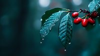 Fresh red berries on wet green leaves with morning dew drops against dark blurred background. Natural macro photography showing water droplets and bokeh effect.