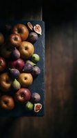 Fresh autumn fruits arranged on dark slate board with apples, figs and pears creating rustic food photography composition for seasonal cooking content.