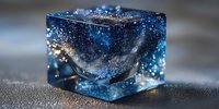 Cosmic galaxy trapped in crystal cube with sparkling blue nebula and stardust swirls, creating miniature universe effect on reflective surface.