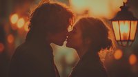 Romantic couple silhouette kissing at sunset with warm bokeh lights and vintage lantern creating intimate golden hour atmosphere for wedding content.
