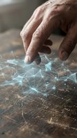 Close-up of mature male hand touching wooden surface with glowing digital network overlay, representing technology integration, data connection, and innovation in business applications.