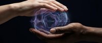 Hands holding glowing purple energy sphere with electric plasma effect on black background for mystical, spiritual, and technology concepts.