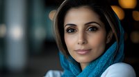 Young Middle Eastern woman wearing blue hijab headscarf with warm bokeh lights background, portrait of confident female with natural makeup and serene expression.