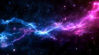 Cosmic energy streams in blue and purple colors flow through starry space, creating dynamic lightning effects against dark background. For astronomy designs.