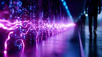 Futuristic digital wave with glowing purple and blue light trails on reflective surface, silhouette of person walking in technological corridor.