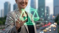 Professional businesswoman holding glowing digital justice scales with network connections in modern city environment for legal technology concepts.