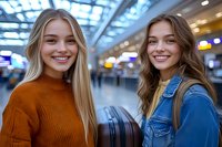 Two young Caucasian women smiling at airport terminal, blonde in orange sweater and brunette in denim jacket standing with luggage, friendship travel concept. Modern lifestyle.