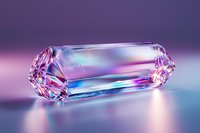 Crystal prism refracting pink and blue light on gradient background, creating ethereal glow and reflections with faceted edges and translucent surfaces.